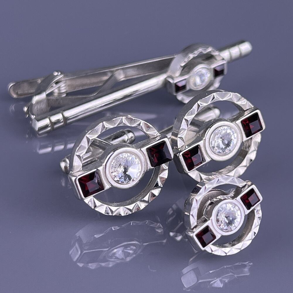 White Red Rhinestone Round Cufflinks Tie Clip & Pin Open Pyramid Point Vintage